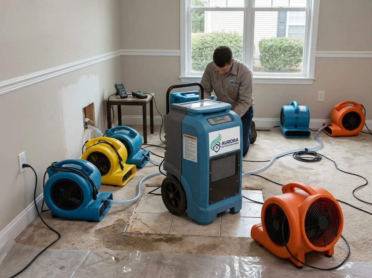 Air movers and dehumidification equipment drying a residential room