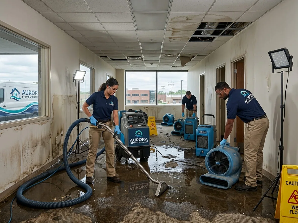 Water damage drying equipment set up in an affected building
