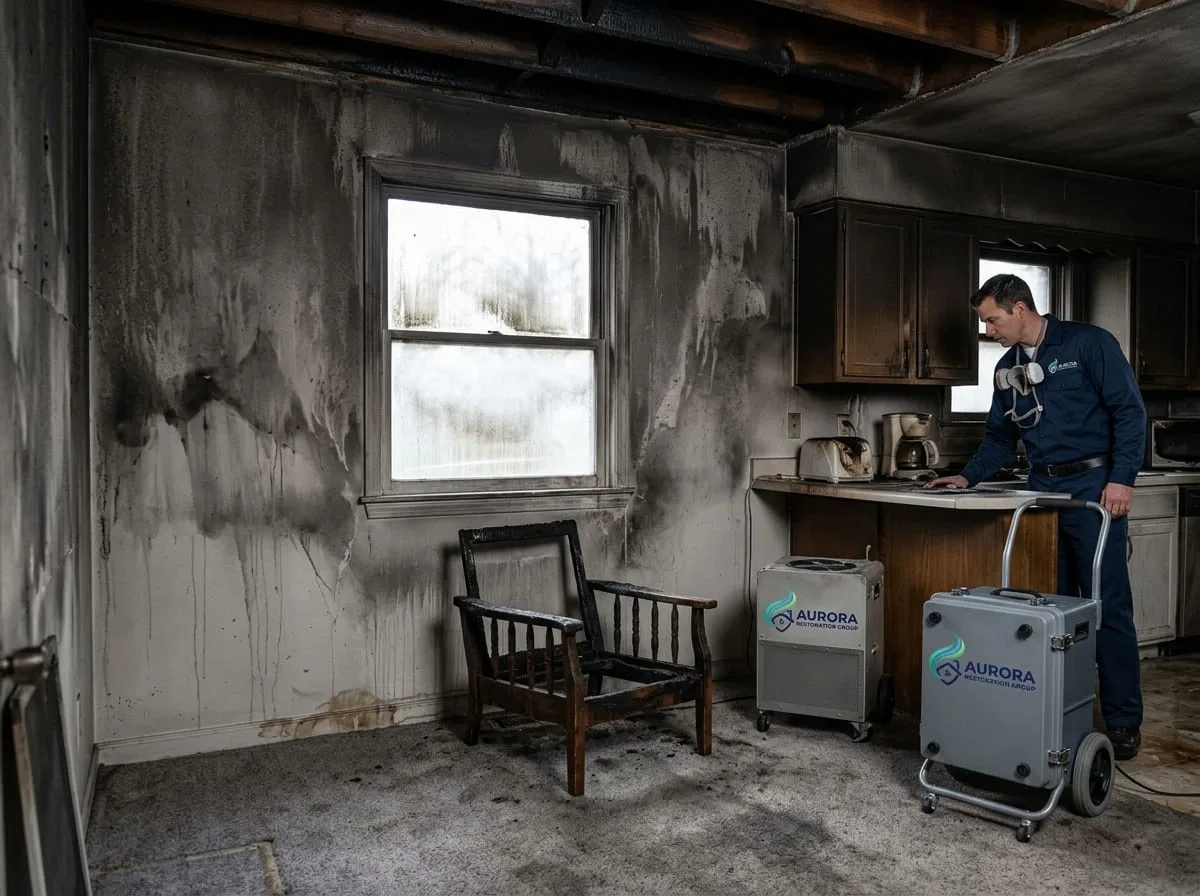 Fire-damaged kitchen interior with visible smoke damage