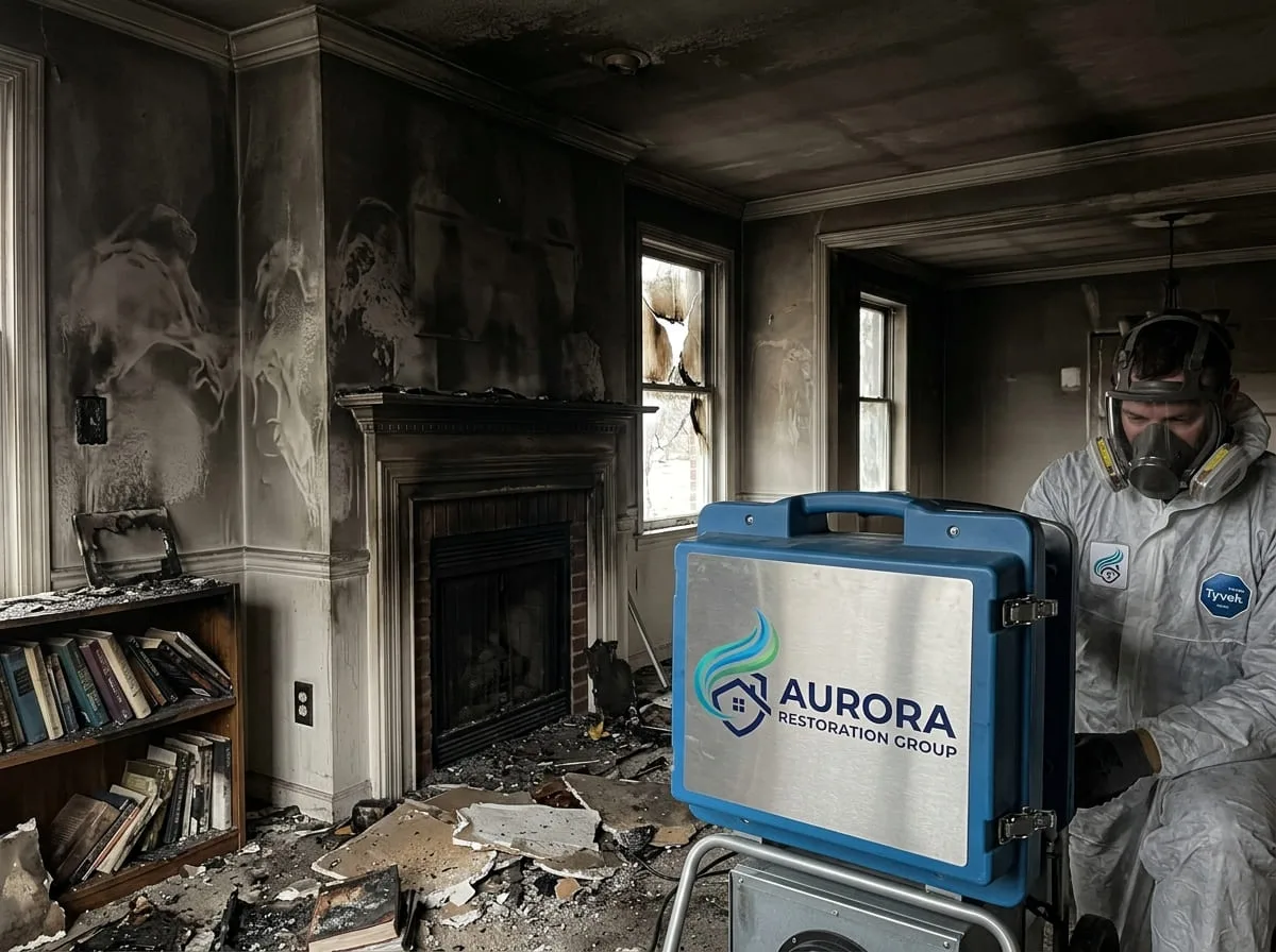 Smoke and soot damage on kitchen surfaces after a house fire