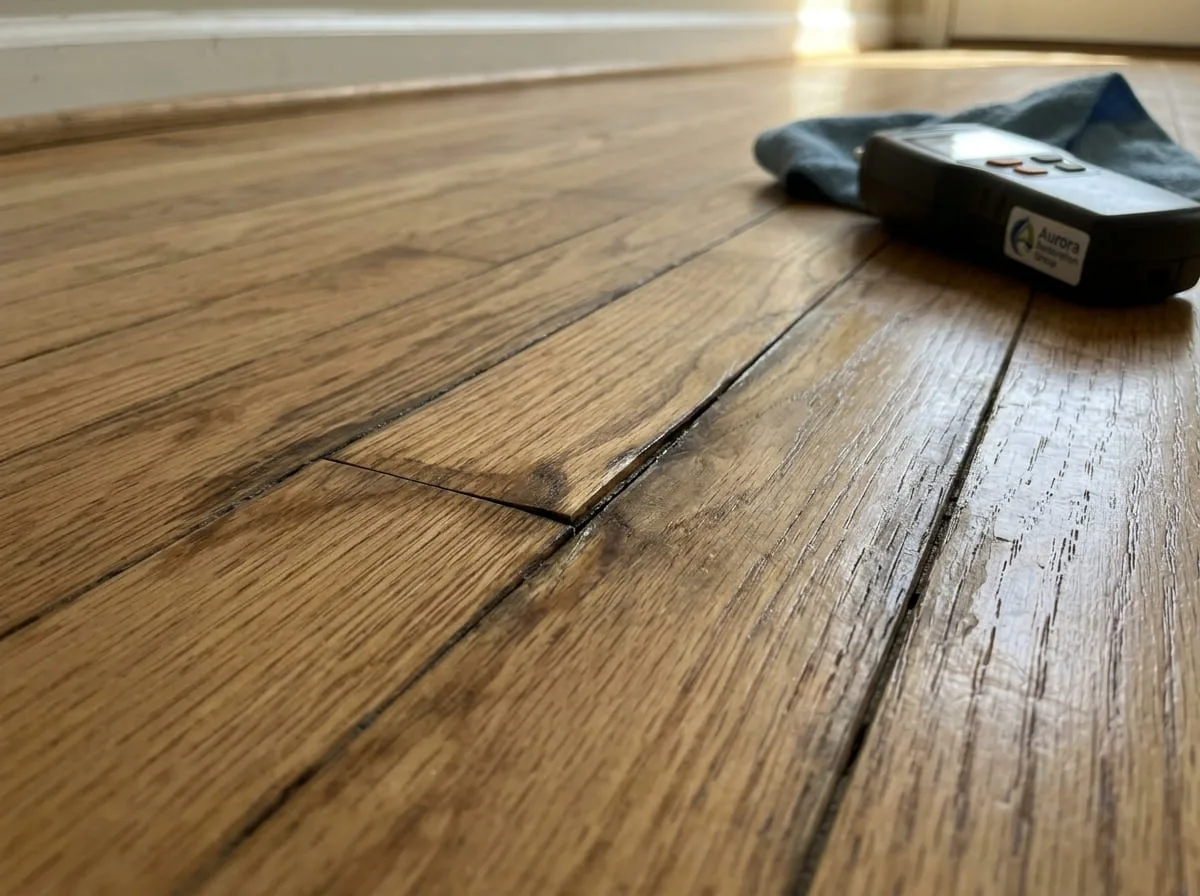 Cupped hardwood flooring being checked for water damage