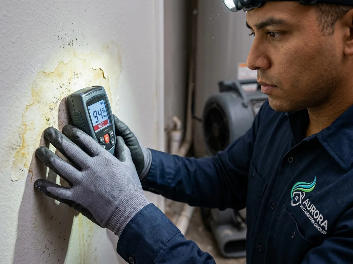 Technician using a moisture meter to check a water-damaged wall