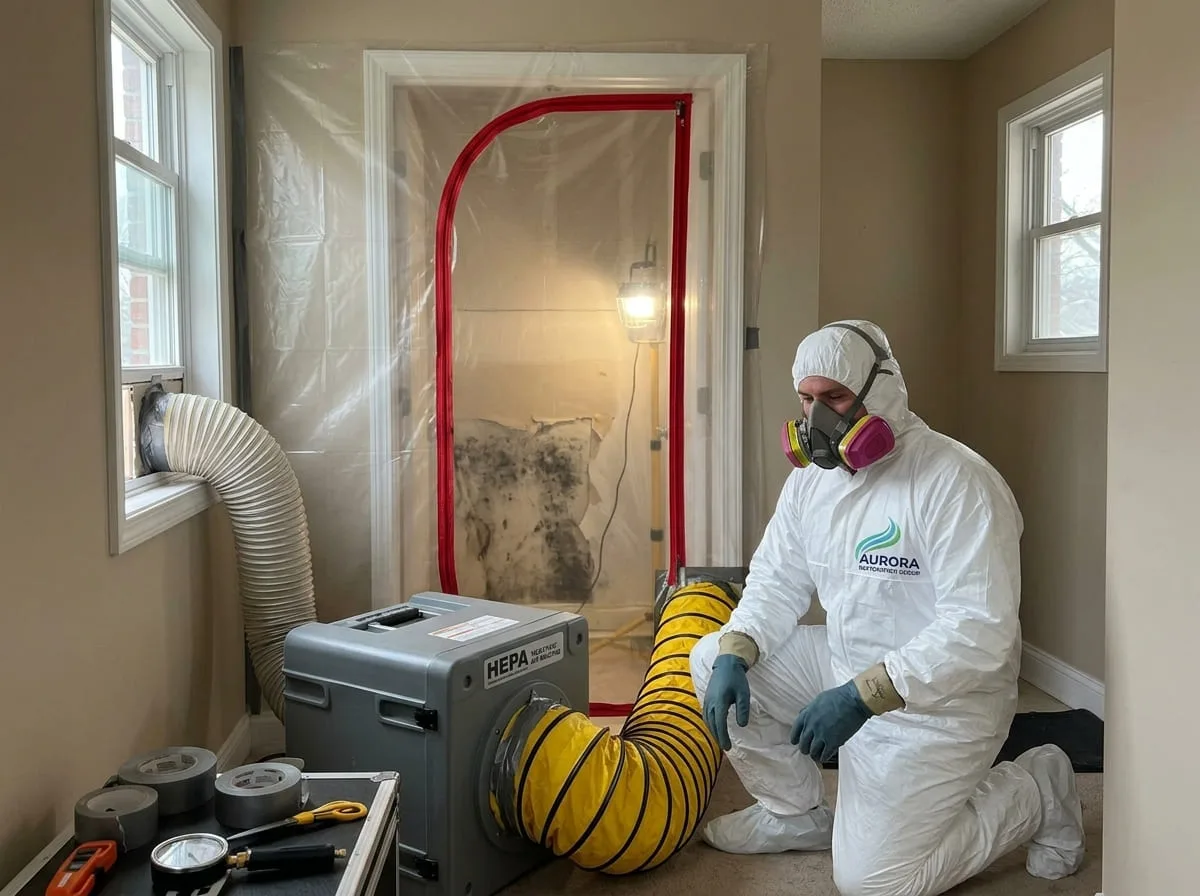 Mold containment with air scrubber and ducting set up in a commercial space