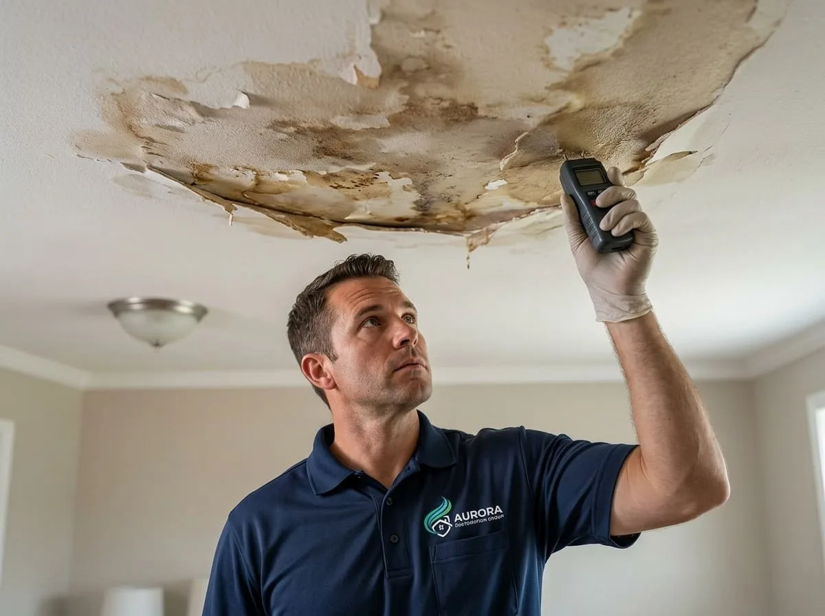 Technician assessing wet drywall and ceiling material for salvageability