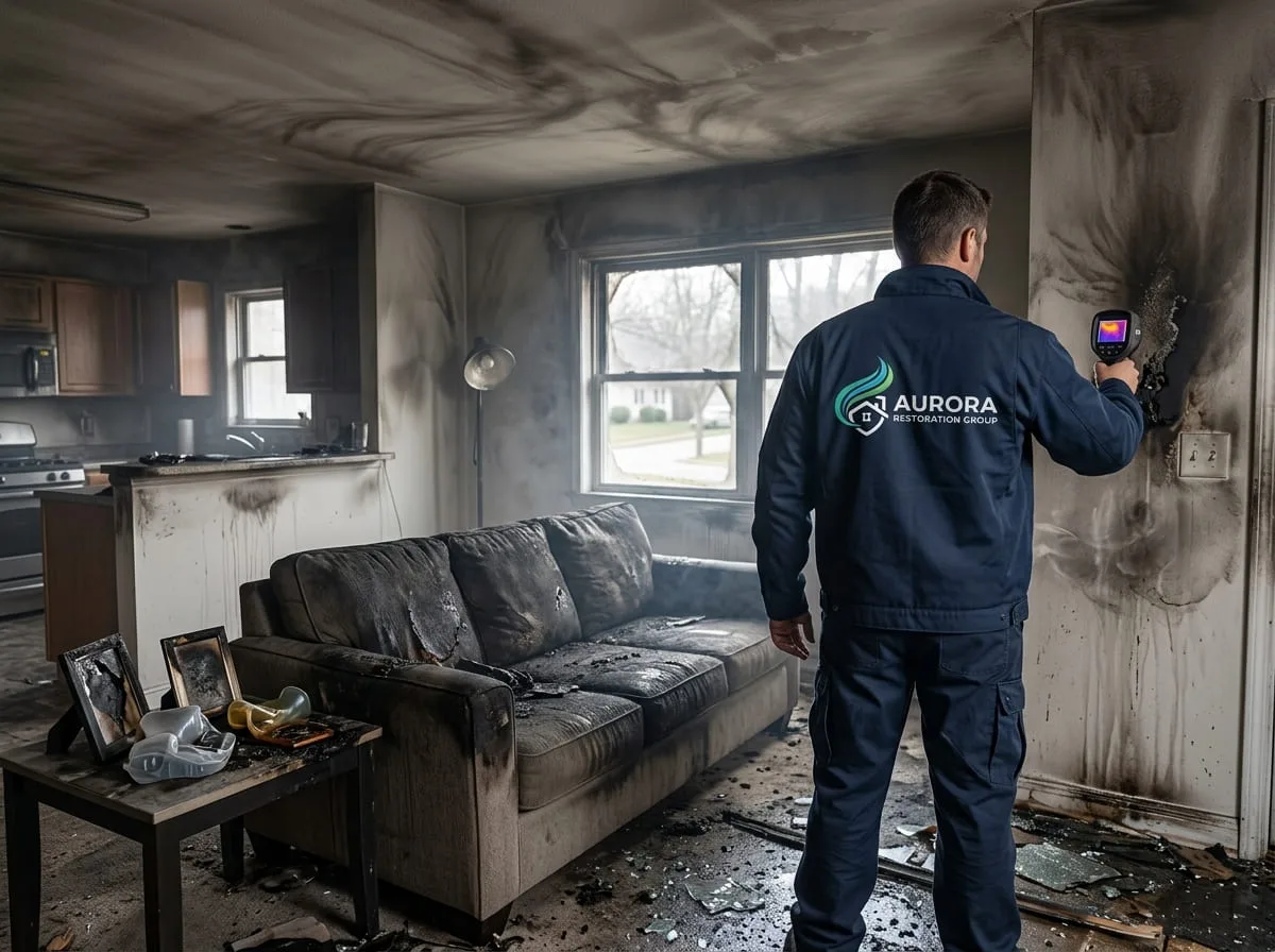 Technician assessing a fire-damaged living room in Aurora, CO