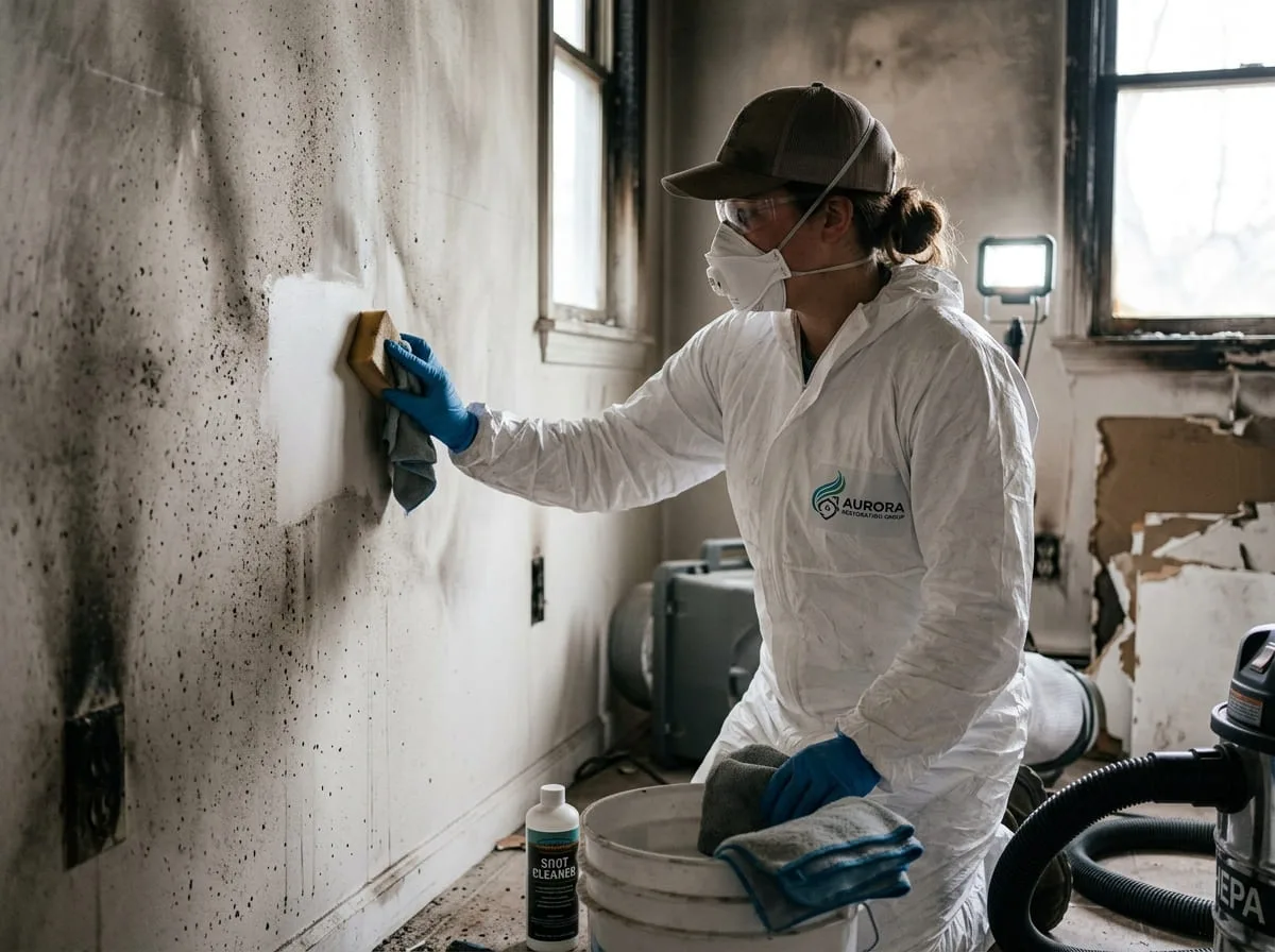 Technician in protective equipment cleaning a soot- and odor-affected wall