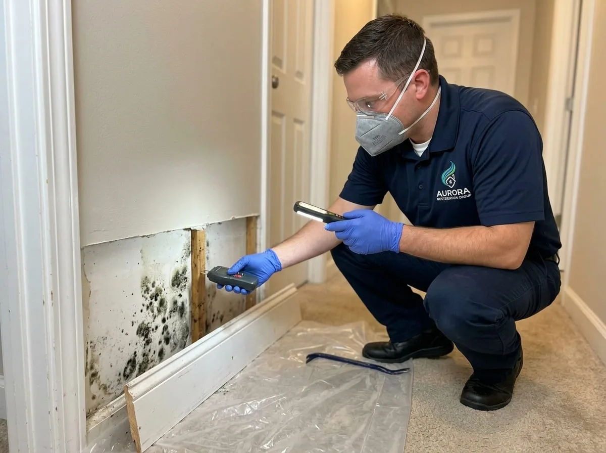 Technician examining mold growth on an exposed wall stud