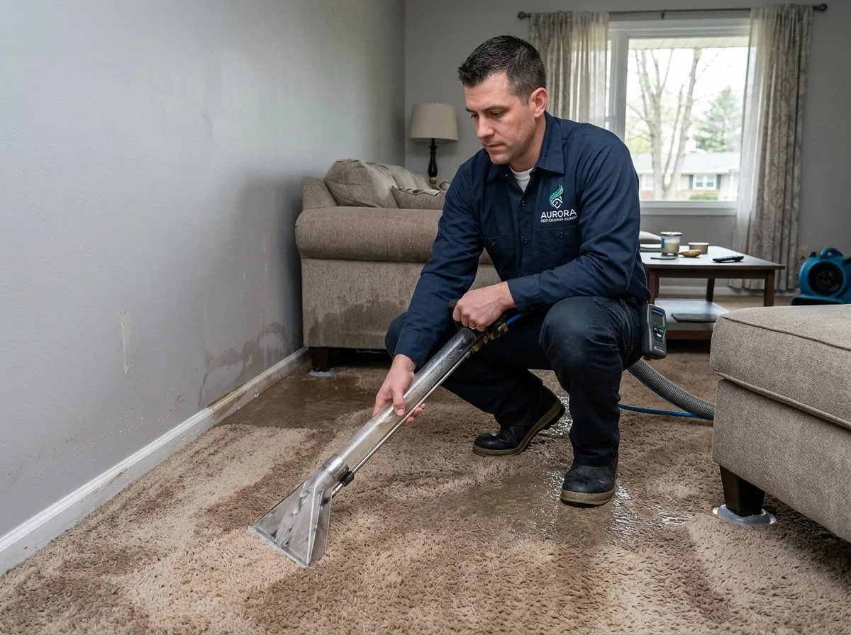 Technician extracting water from carpet shortly after water damage is discovered