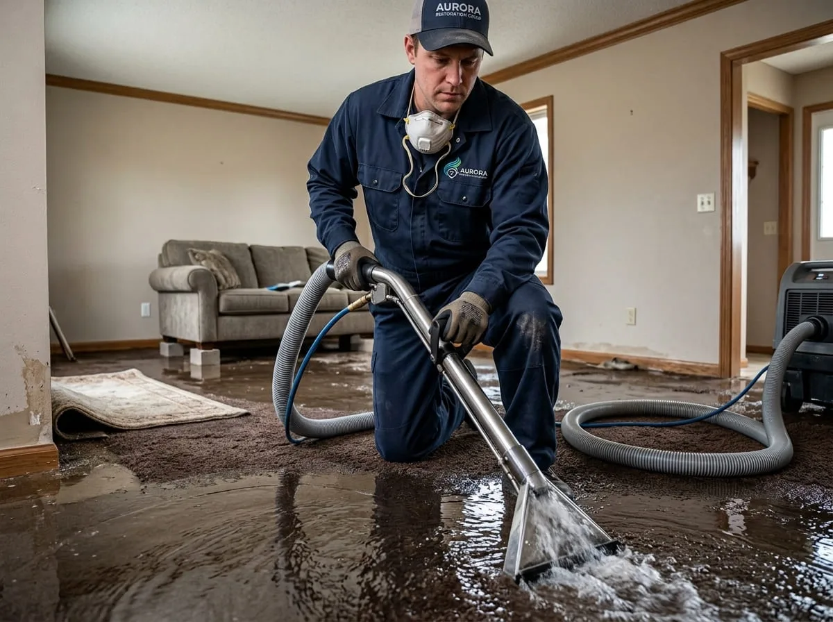 Restoration technician extracting standing water from a living room floor in an Aurora, CO home