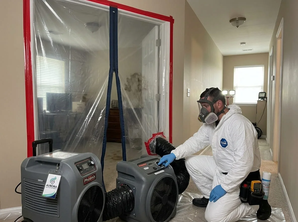 Technician conducting mold testing inside a contained work area