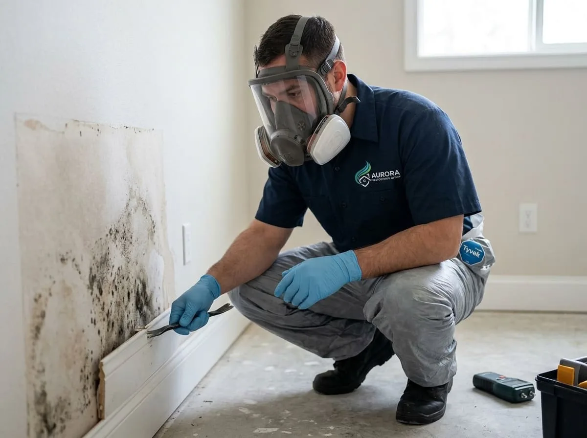 Technician treating mold growth on a baseboard following a water event